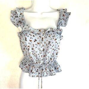 Sienna Sky Blue Floral Ruffle Sleeveless Crop Top Ruffled bottom hem XS Dainty